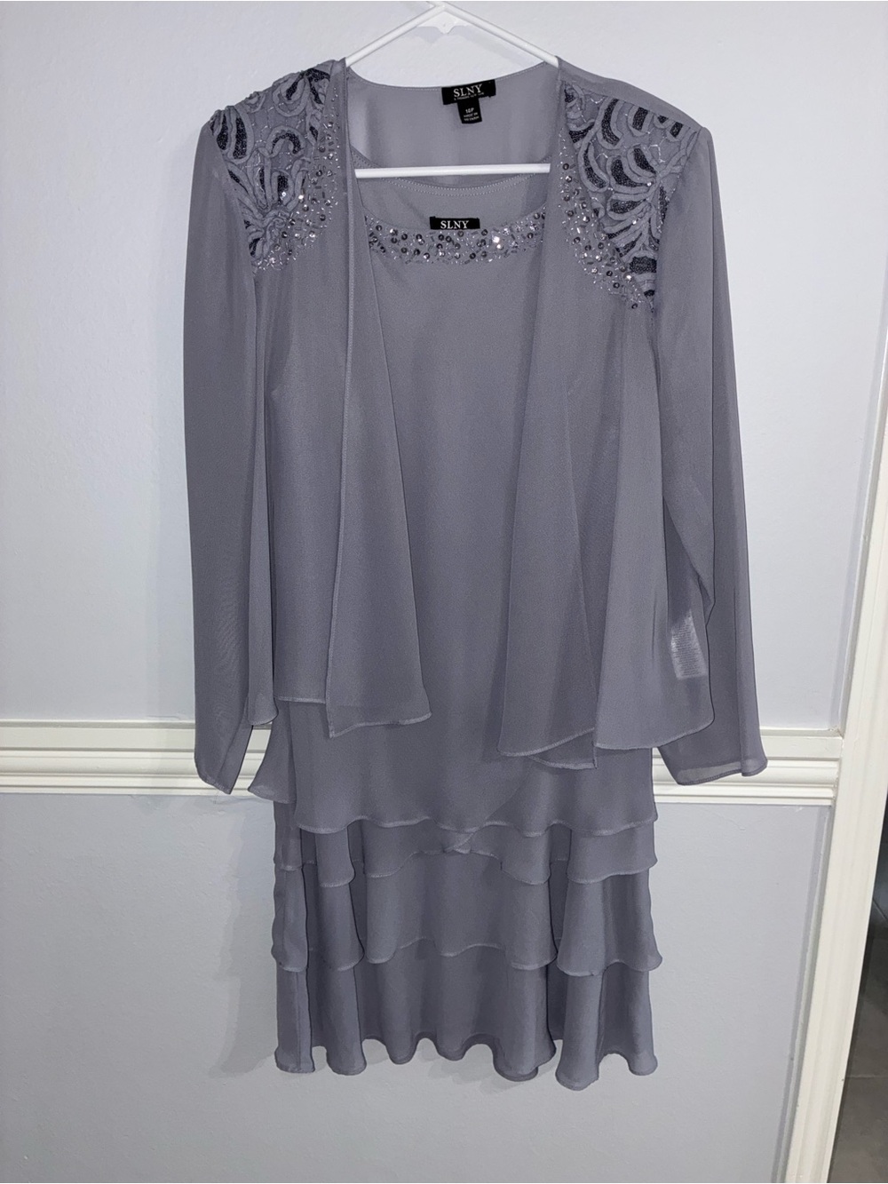 SL Fashions Beaded Accent Jacket & Tiered Dress 2-Piece Set